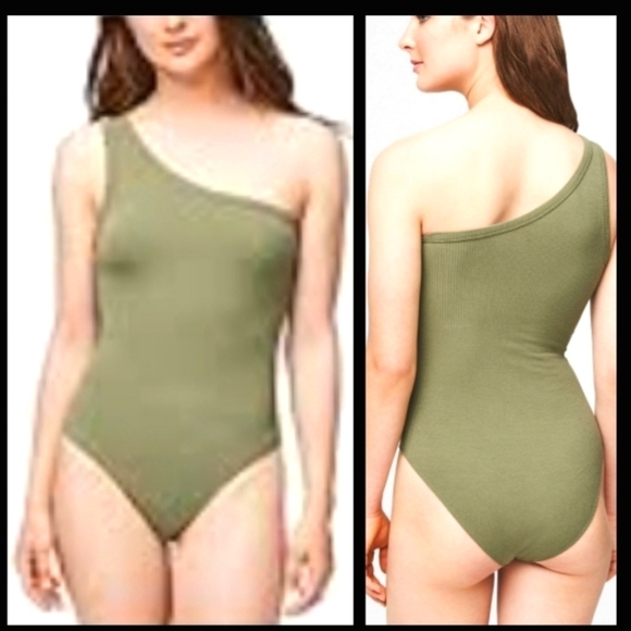 Olive Green Ribbed One Shoulder Tanktop Bodysuit XL New - Picture 1 of 9